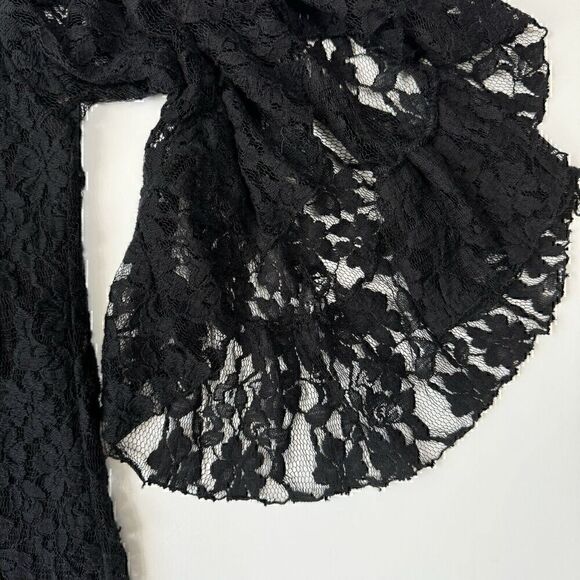 Elan Floral Lace Off the Shoulder Black Romantic Flare Sleeve Mini Dress Sz. L - Picture 4 of 10